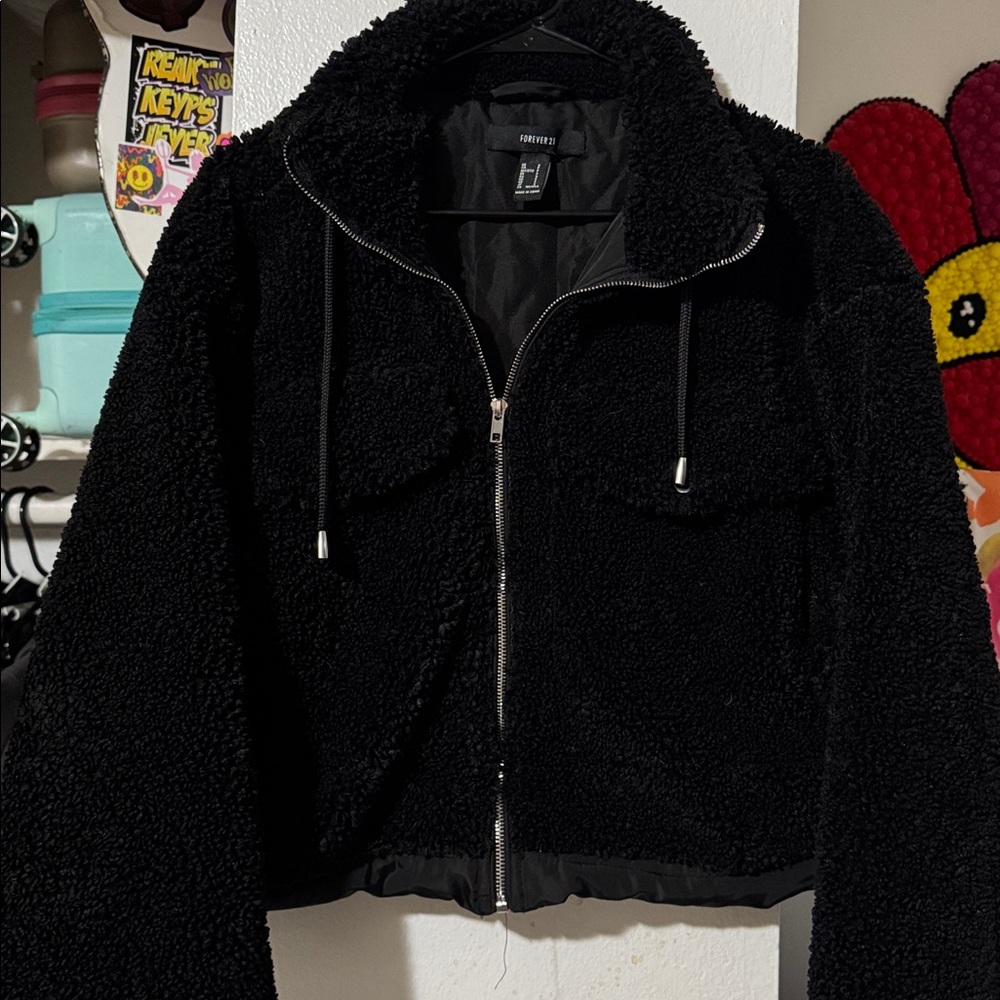 Forever 21 Black Sherpa Zip-Up Hoodie
